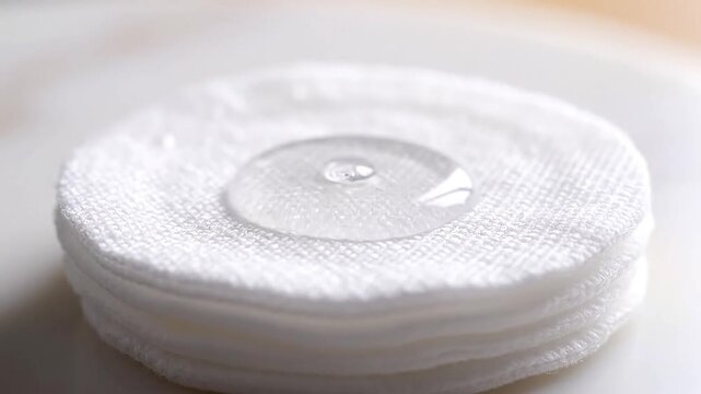 Close-up of a round cotton pad with a clear liquid droplet on top, showcasing its absorbent texture and smooth surface