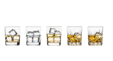 Eight diverse crystal and glass whiskey tumblers with clear spirit and ice, arranged horizontally on a transparent studio background with copy space, showcasing luxury barware concept