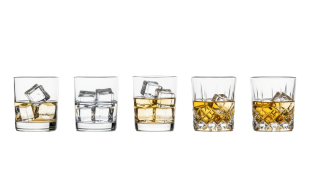 Eight diverse crystal and glass whiskey tumblers with clear spirit and ice, arranged horizontally on a transparent studio background with copy space, showcasing luxury barware concept