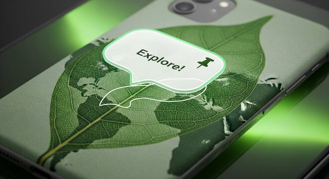 Smartphone with a green, nature-inspired back case featuring a world map over a leaf texture, highlighted by a glowing "Explore!" message and location pin