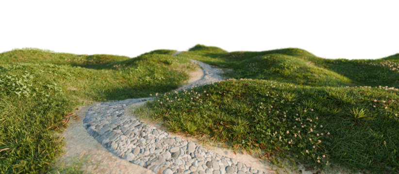 Winding stone path through grassy hills. 3D rendering.