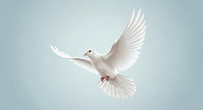 Artistic Digital Illustration of White Dove Flying on Soft Blue Grey Background