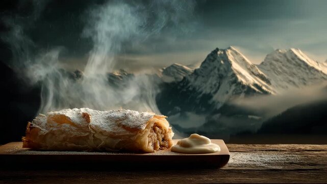 Warm apple strudel with whipped cream in alpine mountain setting