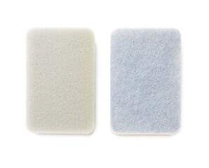 Two clean kitchen sponges isolated on white, top view