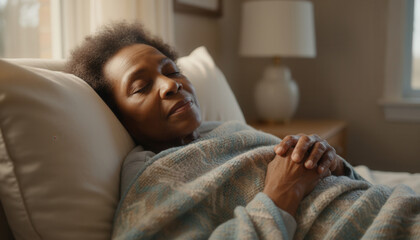 Elderly African American woman resting in bed with her eyes closed. Senior black female sleeping or recovering from illness at home