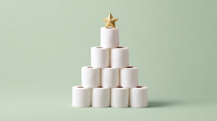 Festive toilet paper rolls arranged as a Christmas tree with a gold star on top for holiday humor