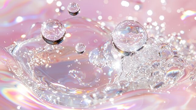 Water drops suspended above pink liquid, glinting light, soft focus