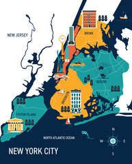 Travel illustration of New York City Map. Infographic elements. Culture travel set, famous architectures, specialties in flat design.  Business travel and tourism map concept in Memphis. 