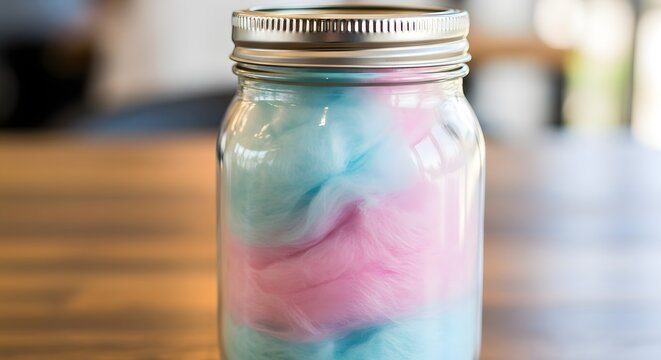 A mason jar filled with blue and pink cotton candy on a wooden surface indoors