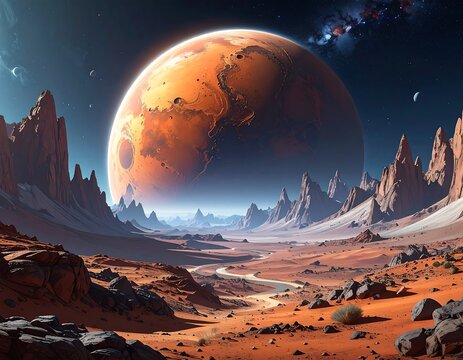 Magnificent martian landscape with towering rock formations and planetary vista
