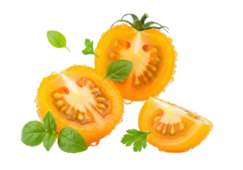 Close-up macro of three vibrant yellow cherry tomatoes, two halved, one quarter, with glistening water droplets, fresh basil, parsley on white, copy space. Concept of natural food freshness