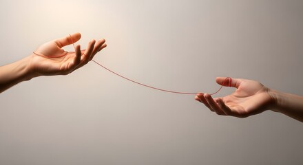 Two hands holding a thin red string connecting them against a plain background