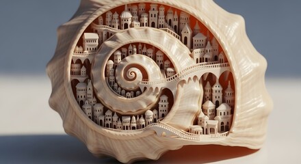 Intricate carving of a city inside a seashell with bridges and buildings visible
