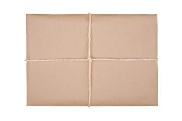 Craft Brown Gift Box Tied with Rope Isolated on White and Png Transparent Background, Clipping Path Included