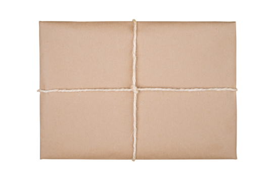 Craft Brown Gift Box Tied with Rope Isolated on White and Png Transparent Background, Clipping Path Included