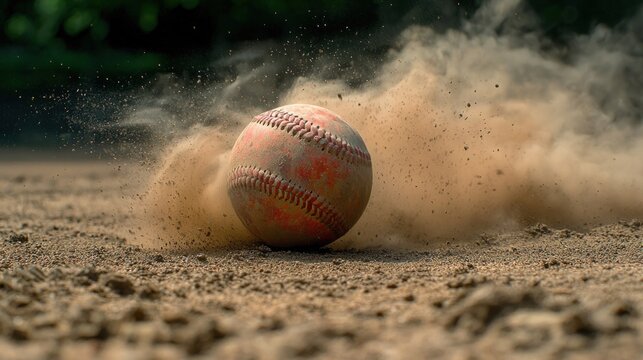Worn baseball kicking up dirt on the ground, blurred greenery in background