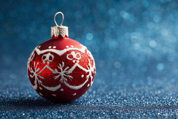 Red Christmas Bauble with Snowflake Pattern on Blue Glitter Bokeh Background
