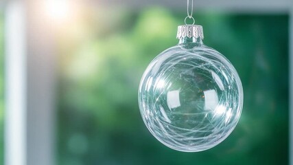 Christmas Ornament in Natural Light: A delicate clear glass Christmas ornament hangs gracefully, illuminated by gentle sunlight against a serene, softly blurred background.  - Powered by Adobe