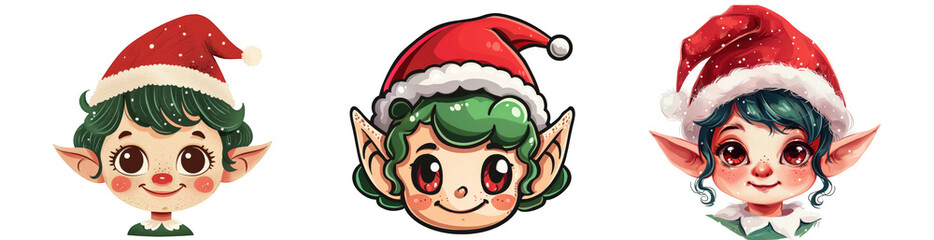 Obraz premium Three cheerful cartoon christmas elves with santa hats and green outfits on isolated background. isolated on transparent background