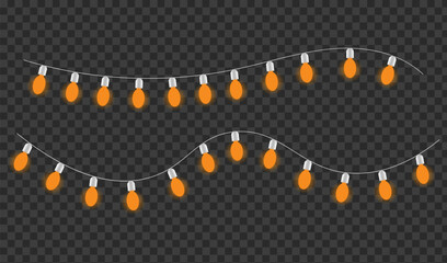 Two strings of glowing orange christmas lights on a transparent background