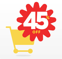 45% off, offer, clearance, tag, shopping cart, market, special, store, advertising, advertisement, promo, sale, discount, retail, banner, shape. Vector, set, icon, design, poster, sign