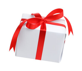 Beautiful gift box in air against white background