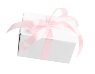 Beautiful gift box in air against white background