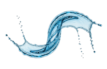 Dynamic splash of water in a swirling, wavelike form, isolated on transparent background, capturing the fluidity and motion of liquid in a visually striking and refreshing manner