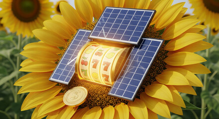 A creative conceptual image featuring a slot machine's reels displaying a jackpot set inside the center of a large, vibrant sunflower in a sunny field
Conceptual image of a solar-powered slot machine 