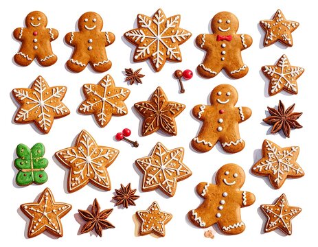 Festive collection of gingerbread cookies and star anise on a white background