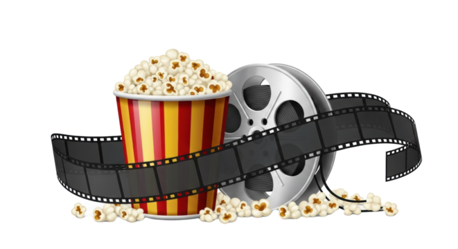 Gold and red striped popcorn bucket overflowing with fluffy popcorn, silver film reel, and film strip on a transparent background, classic cinema experience