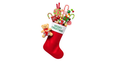 A festive red christmas stocking overflowing with colorful candies, a cute teddy bear, and wrapped gifts, isolated on transparent background, creating a joyful and whimsical holiday scene