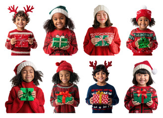 Fototapeta premium PNG Children joyfully holding Christmas gifts, element set on transparent background