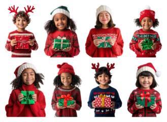 PNG Children joyfully holding Christmas gifts, element set on transparent background