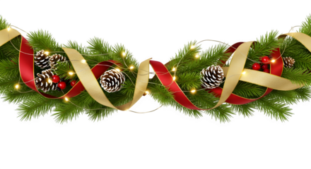 Festive christmas garland isolated on transparent background, adorned with green fir branches, pine cones, red berries, fairy lights, and gold and red ribbons, creating a warm and inviting holiday atm