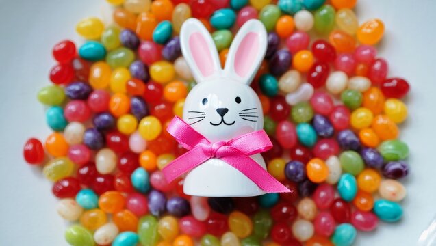 White ceramic easter bunny figure wearing a pink bow, surrounded by a vibrant, colorful assortment of fruit flavored jelly beans, symbolizing spring holidays and sweet celebrations