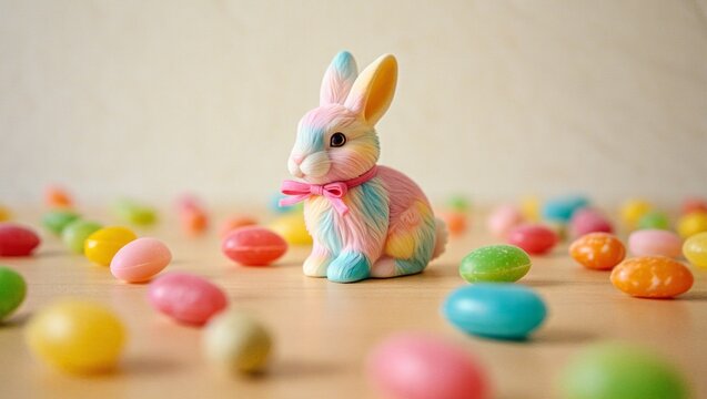 Colorful rainbow pastel rabbit figurine wearing a pink bow, surrounded by a multitude of bright jelly bean candies, celebrating easter holiday with sweetness and joy on a light wooden background