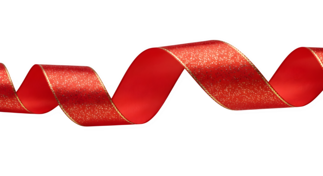 A festive red ribbon with a golden edge, gracefully curling against an isolated on transparent background, perfect for adding a touch of elegance to your holiday designs and crafts
