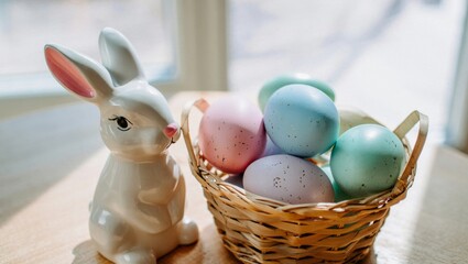 White easter bunny figure and a basket of speckled pastel eggs creating a festive and colorful scene, symbolizing new life, joy, and the traditions of the spring holiday