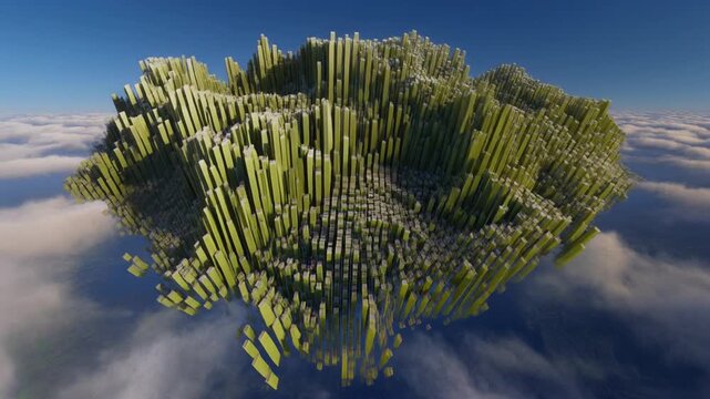Dynamic Abstract City of Green Rectangular Prisms Floating Above Clouds, Conceptual Data Visualization
