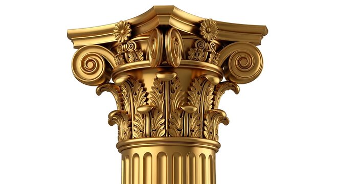 Closeup of a golden ionic column capital isolated on white background, showcasing intricate details and classical architectural design elements