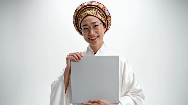 A joyful woman dressed in traditional attire holding a blank white sign and smiling against a plain background, conveying positivity and cultural pride