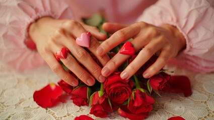 Woman's hands wearing heart shape rings, gently touching a bouquet of vibrant red roses on a table, symbolizing love, romance, and special moments on valentine's day