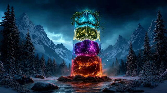 Vibrant elemental obelisks in a snowy mountain landscape at twilight