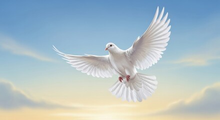 Obraz premium Graceful White Bird Flying in Blue and Yellow Sky