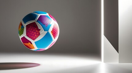 Soccer ball with vibrant colorful geometric design consisting of triangular and hexagonal patterns suspended in mid-air against a neutral background, hard studio backlighting.
