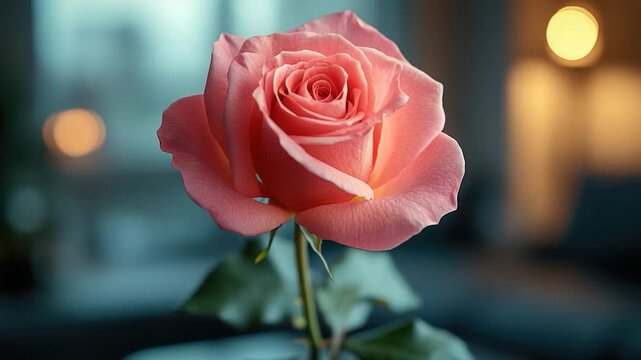 A beautiful pink rose in a simple white vase