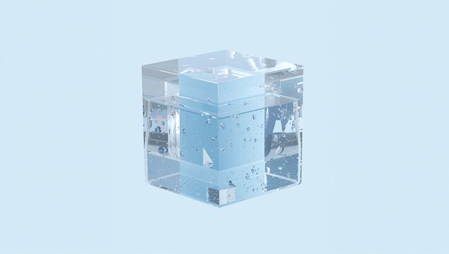 Abstract 3D rendering of a glass cube with water bubbles