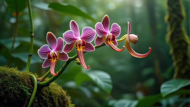 Three vibrant purple Phalaenopsis orchids with yellow and red lips blooming on a mossy branch in a tropical rainforest.