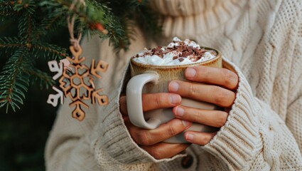Person enjoying a comforting cup of hot chocolate, celebrating the winter holiday season with a festive christmas decoration, evoking warmth and coziness